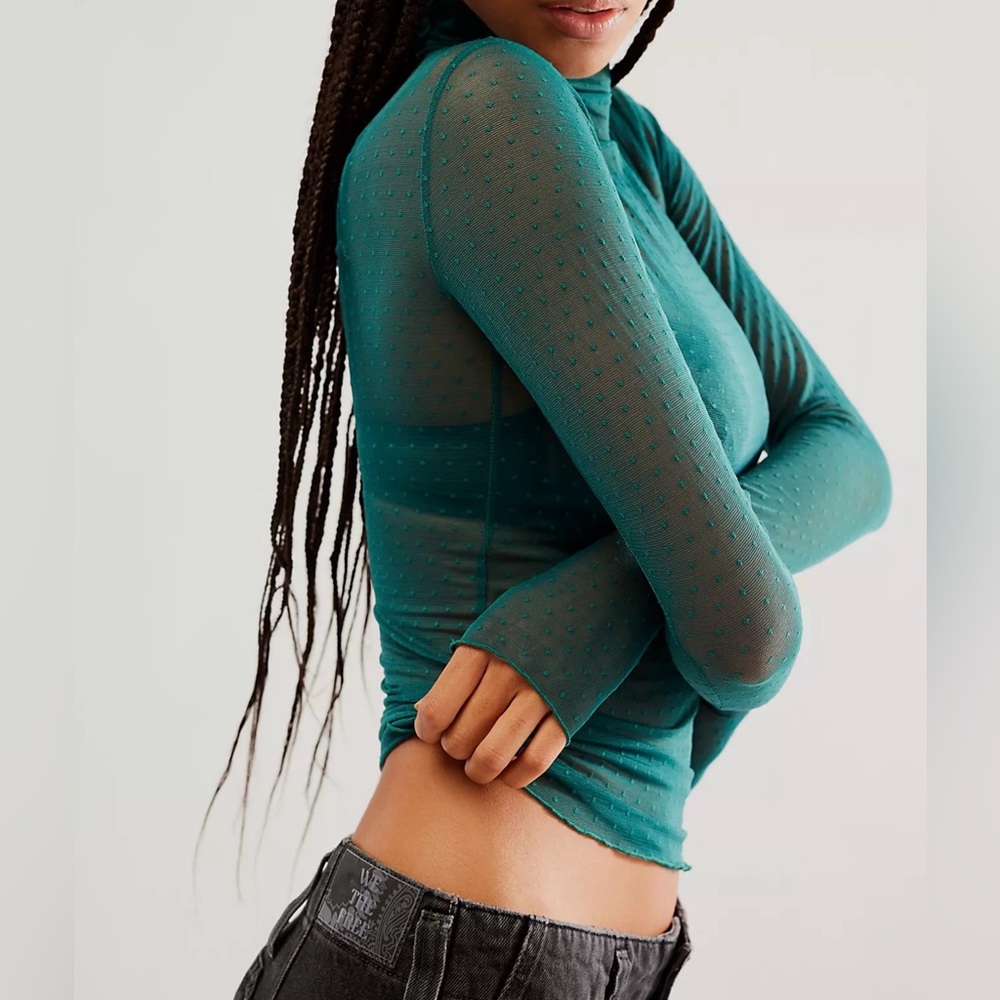 Free People Green Teal On The Dot Layering Sheer Mock Neck Top Sz M - Picture 4 of 11